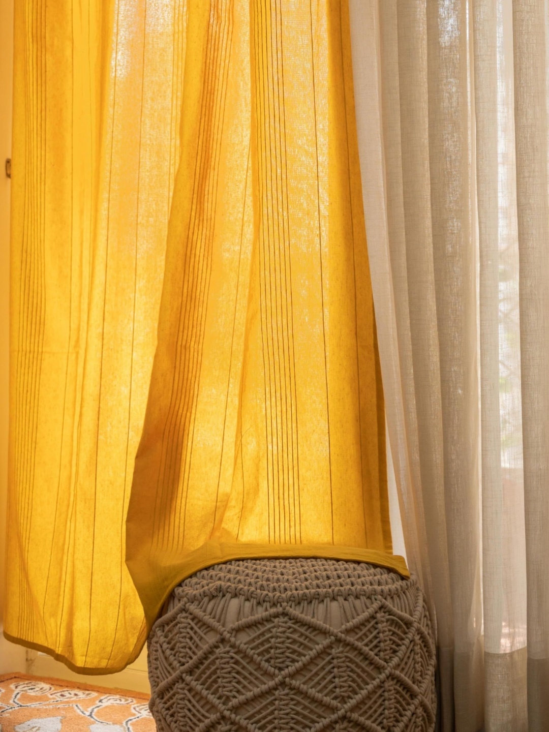 

RANGBHAR Yellow 2 Pieces Striped Pure Cotton Sheer Long Door Curtains