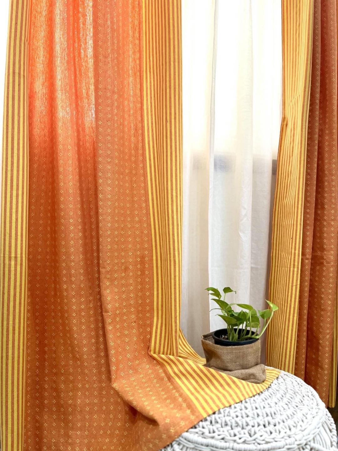 

RANGBHAR Orange & Red 2 Pieces Striped Pure Cotton Sheer Window Curtains