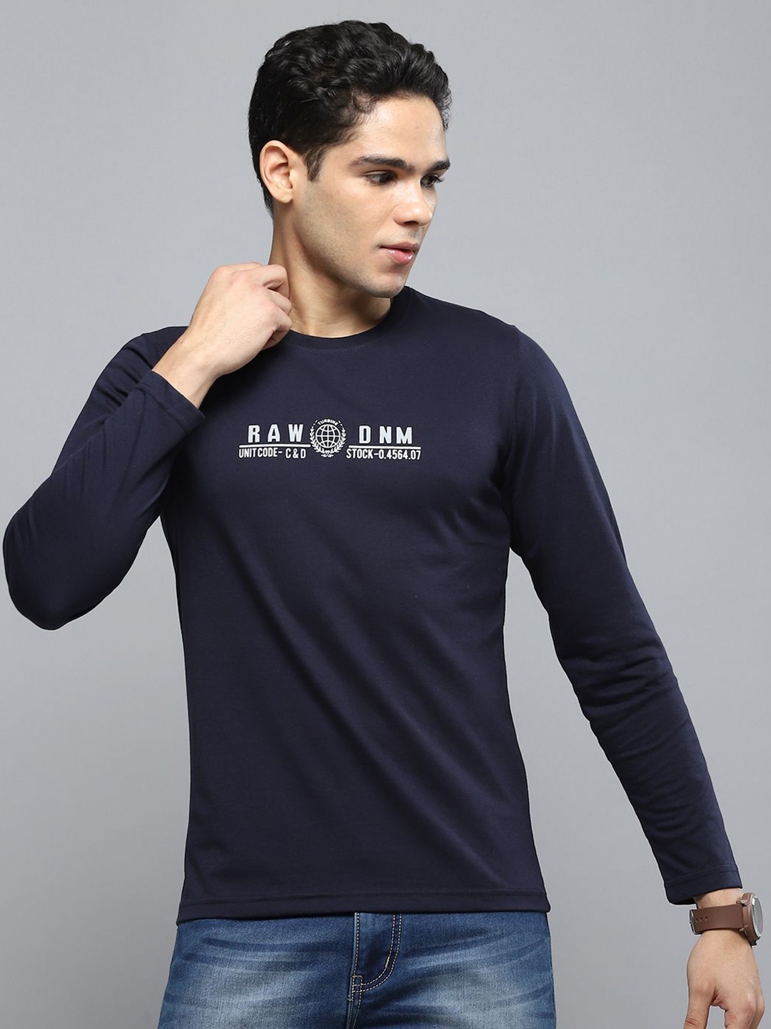 Cloak & Decker Men Typography Printed Round Neck Cotton T-shirt, Navy blue