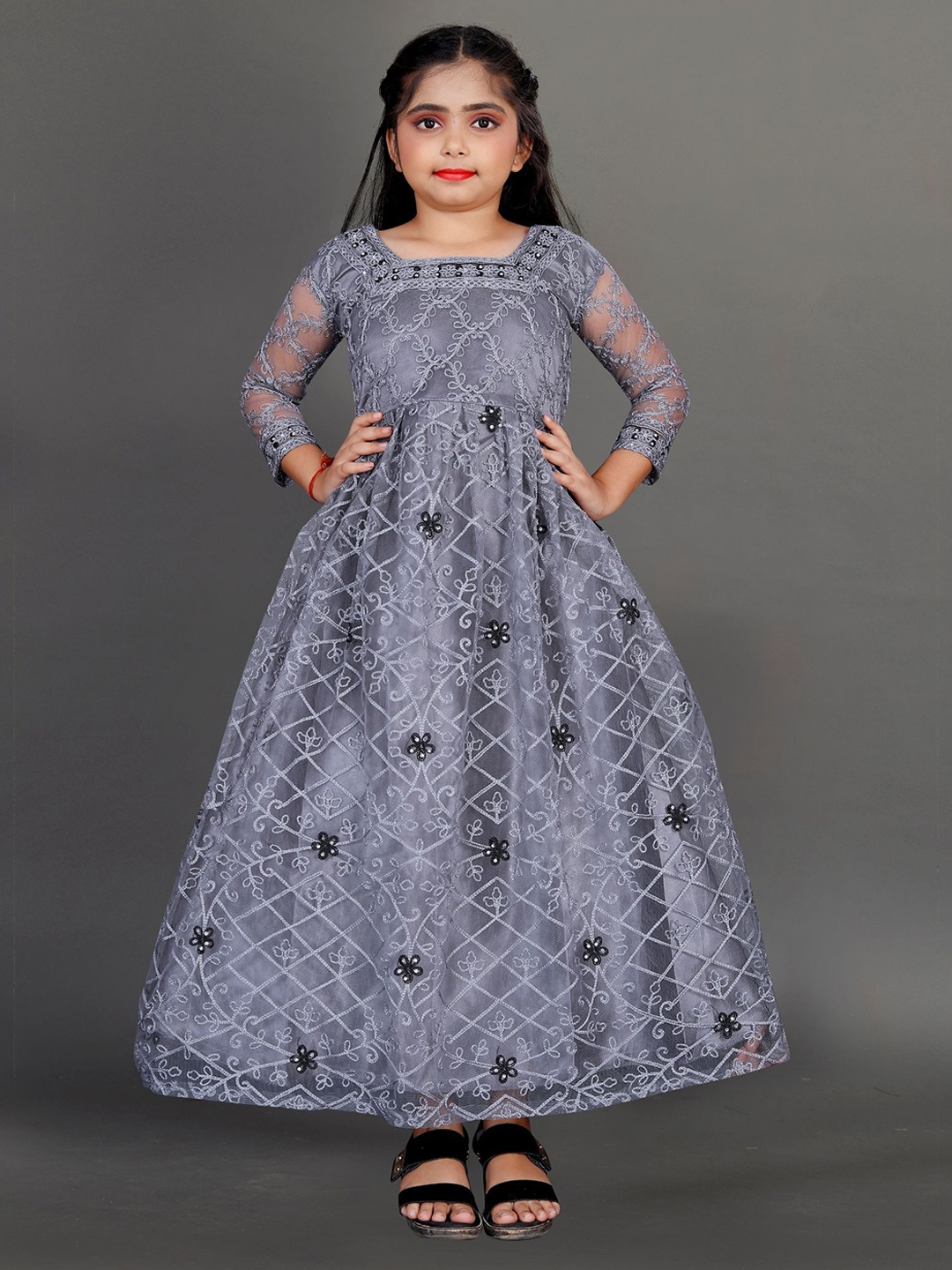 

Aika Girls Embellished Embroidered Gown Dress, Grey