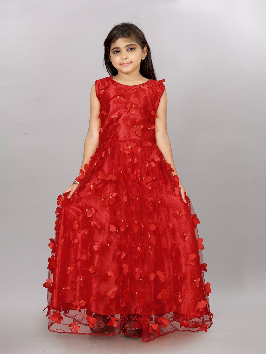 

Aika Girls Floral Embroidered Net Gown Maxi Dress, Red