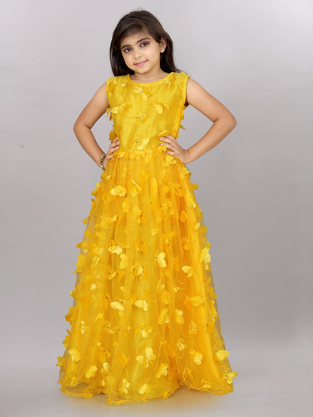 

Aika Girls Floral Embroidered Net Maxi Dress, Yellow