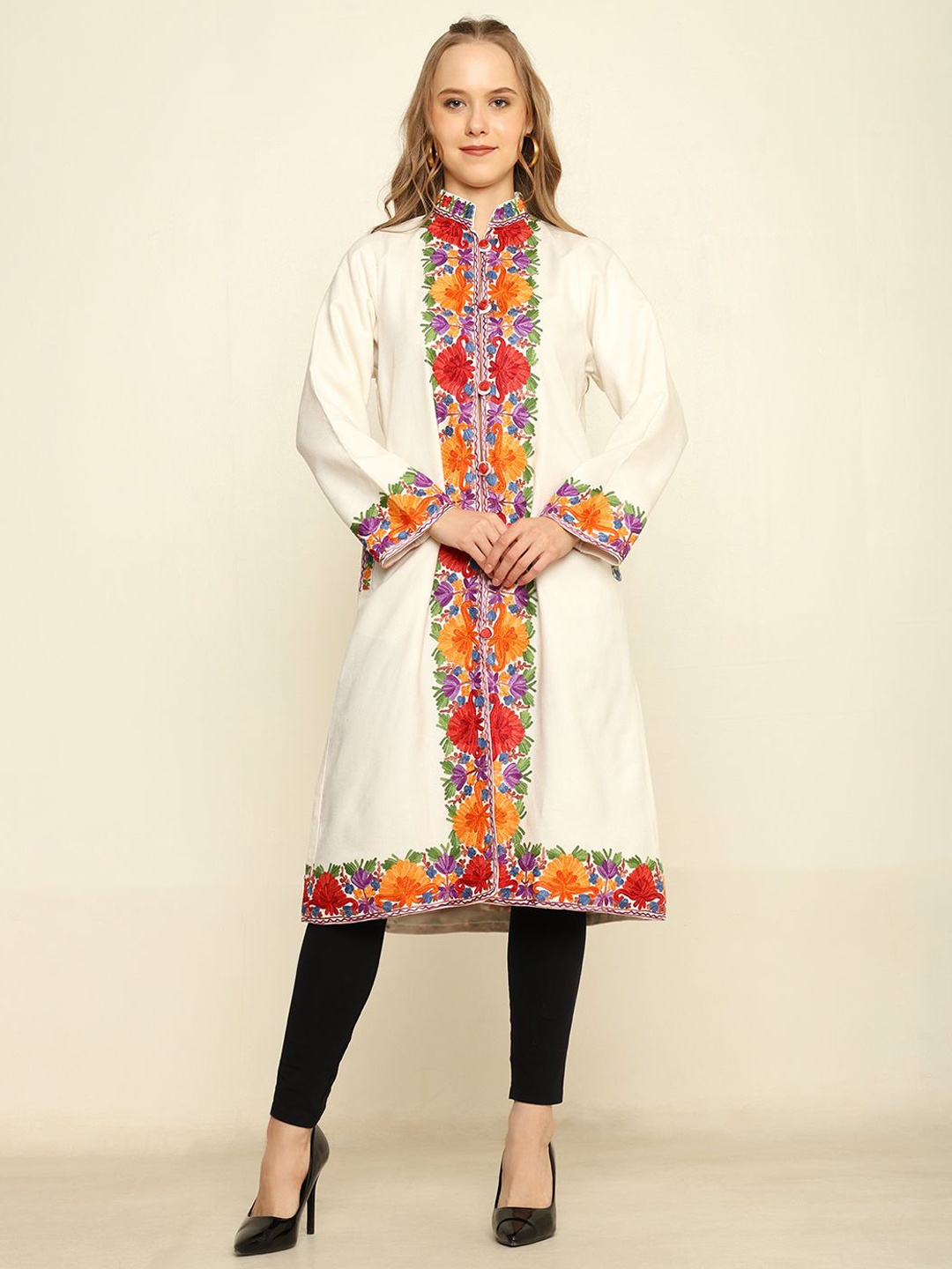 

CRAFTBAZAR Women Mandarin Collar Floral Embroidered Casual Overcoat, Off white