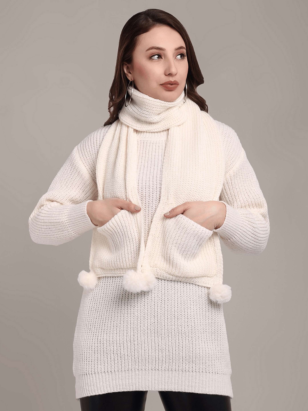 

iki chic Women Ribbed Woollen Pullover Sweater With Muffler, Off white