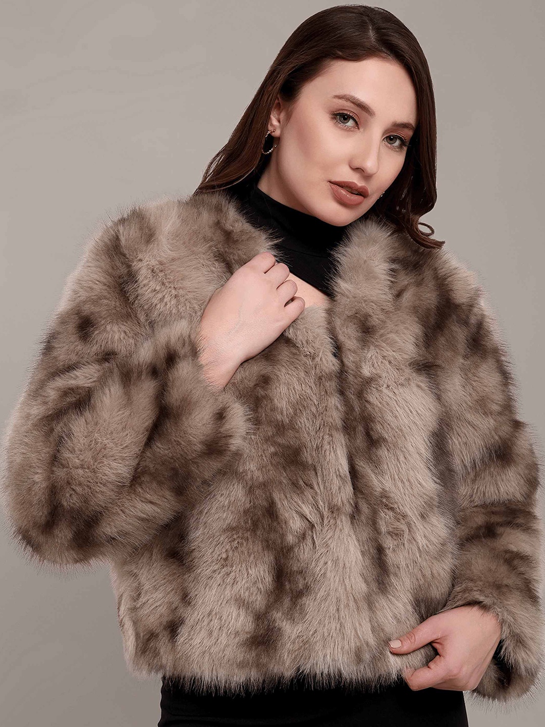 

iki chic Women Collarless Self Design Faux Fur Casual Parka Jacket, Brown
