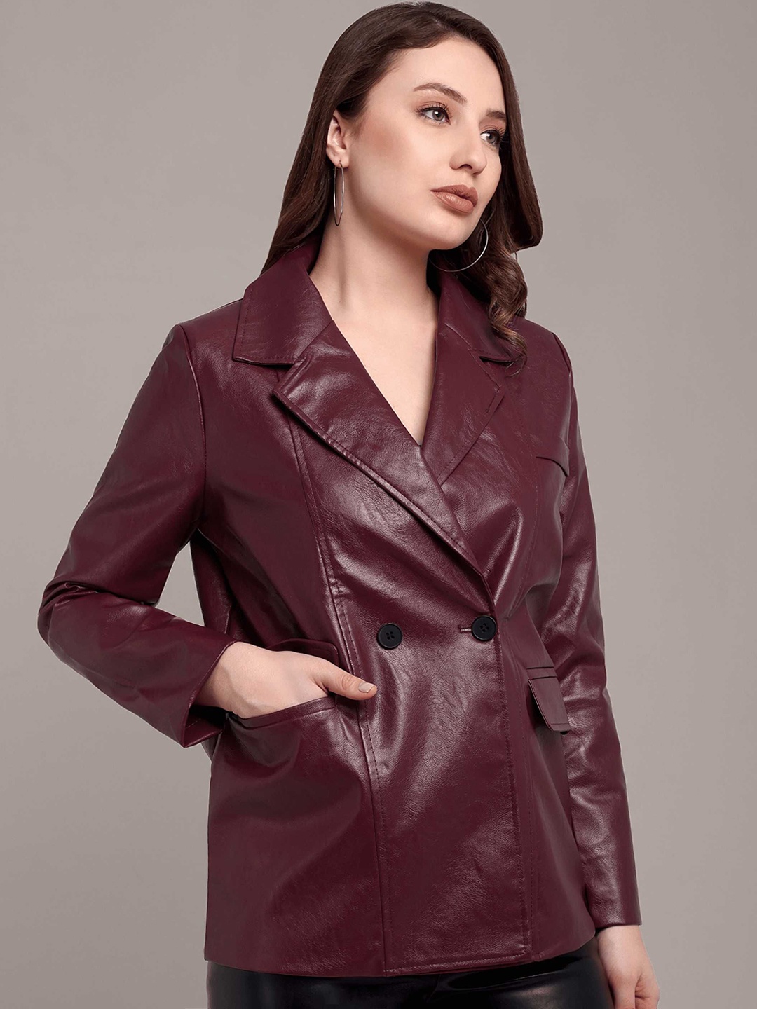 

iki chic Women Lapel Collar Solid Casual Leather Jacket, Brown