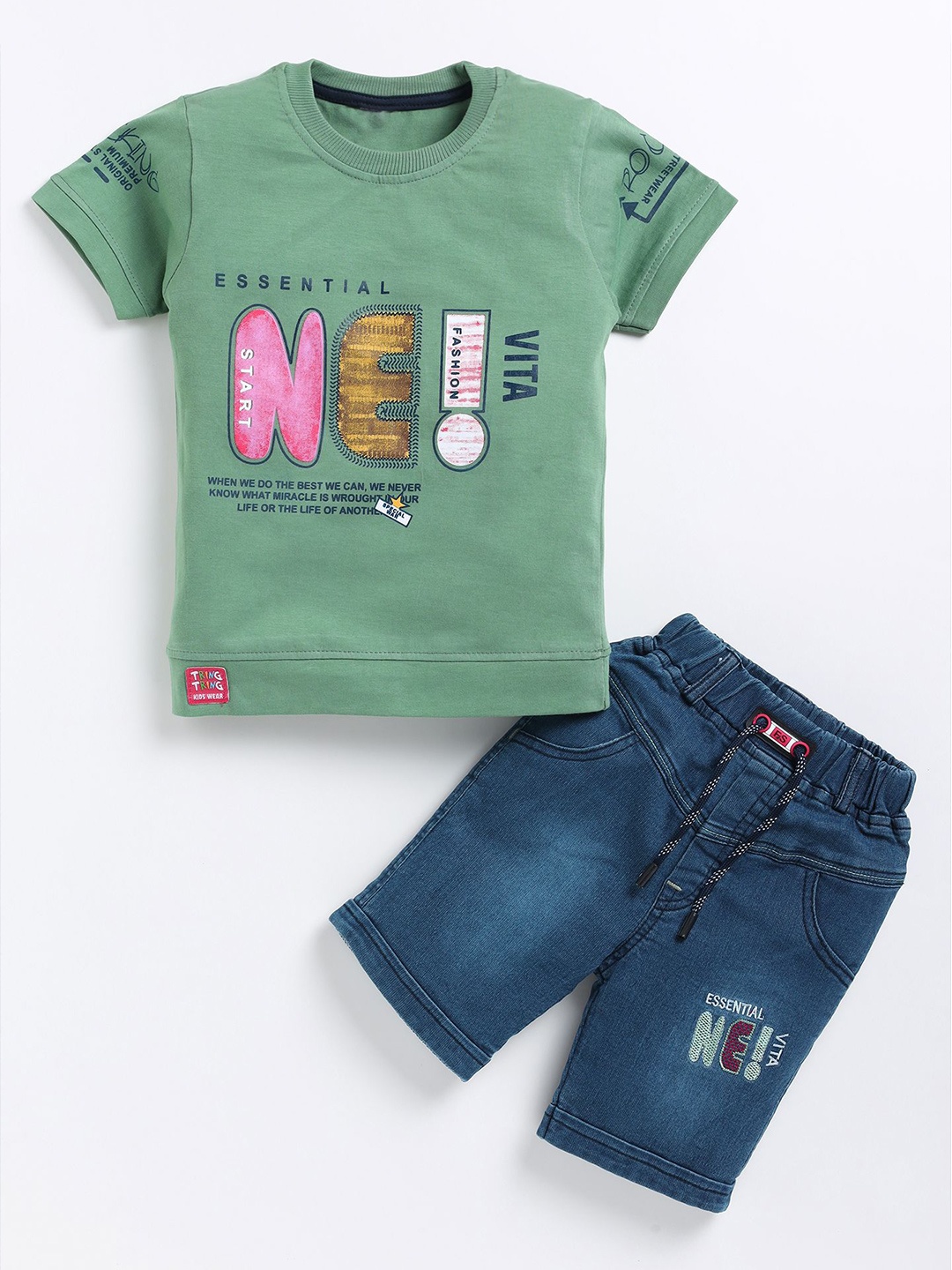 

ZADMUS Boys Printed Short Sleeves T-shirt With Denim Shorts, Green