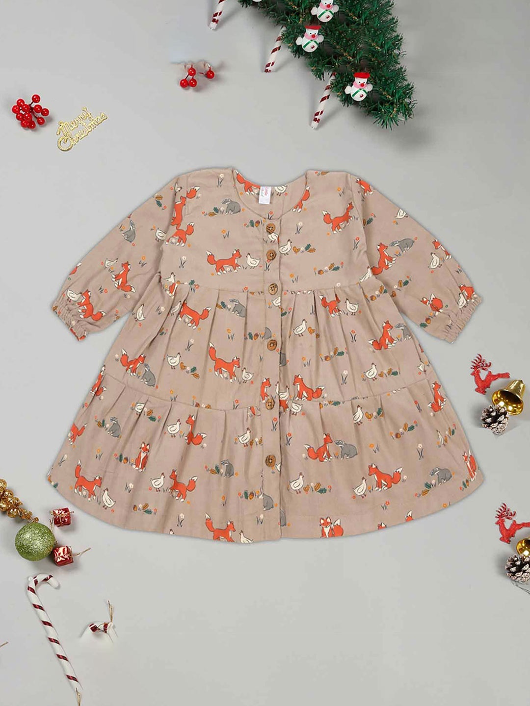 

LITTLE GINNIE Girls Printed Puff Sleeve Cotton A-Line Dress, Brown