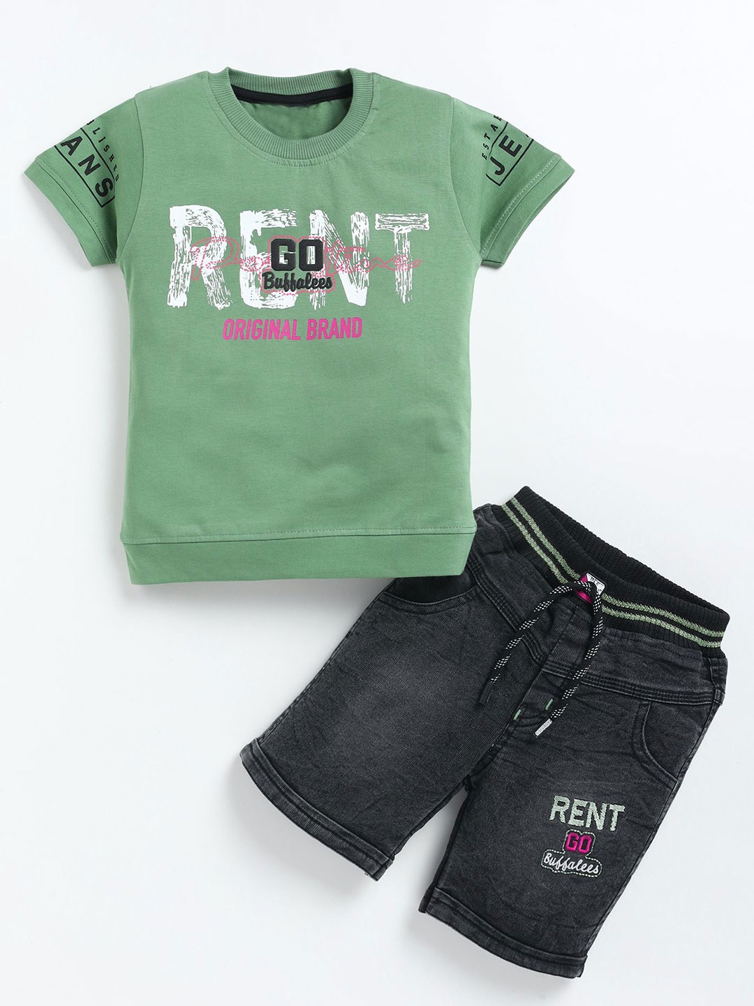 

ZADMUS Boys Printed Short Sleeves T-shirt With Denim Shorts, Green