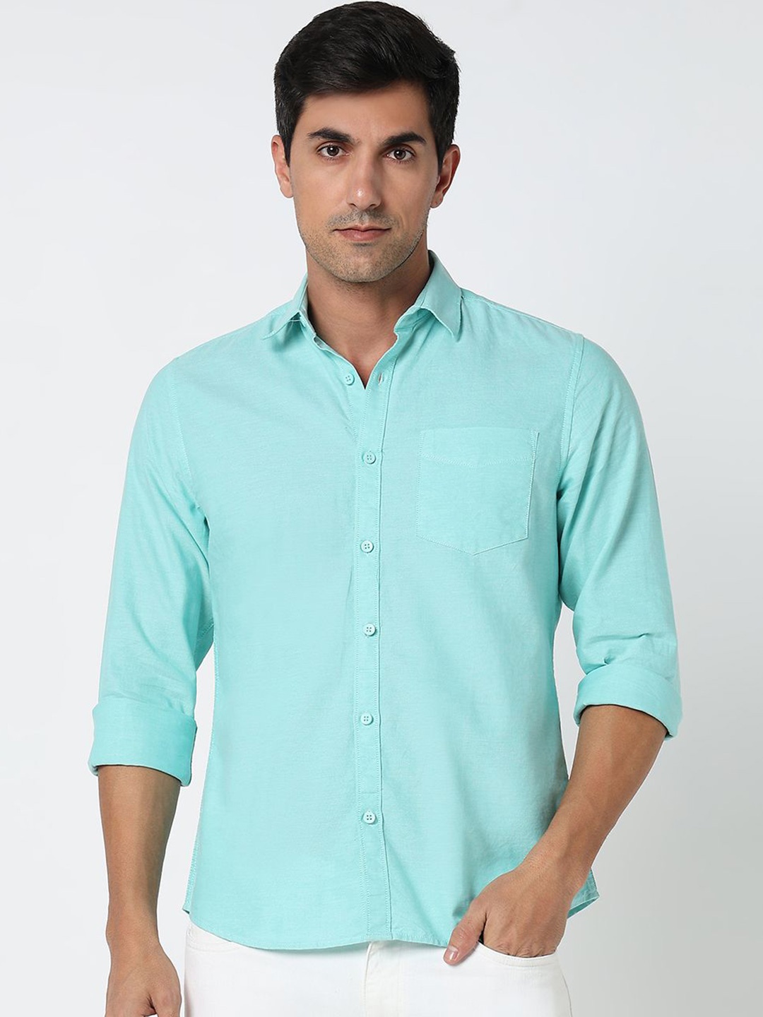 

R&B Men Spread Collar Solid Cotton Casual Shirt, Green