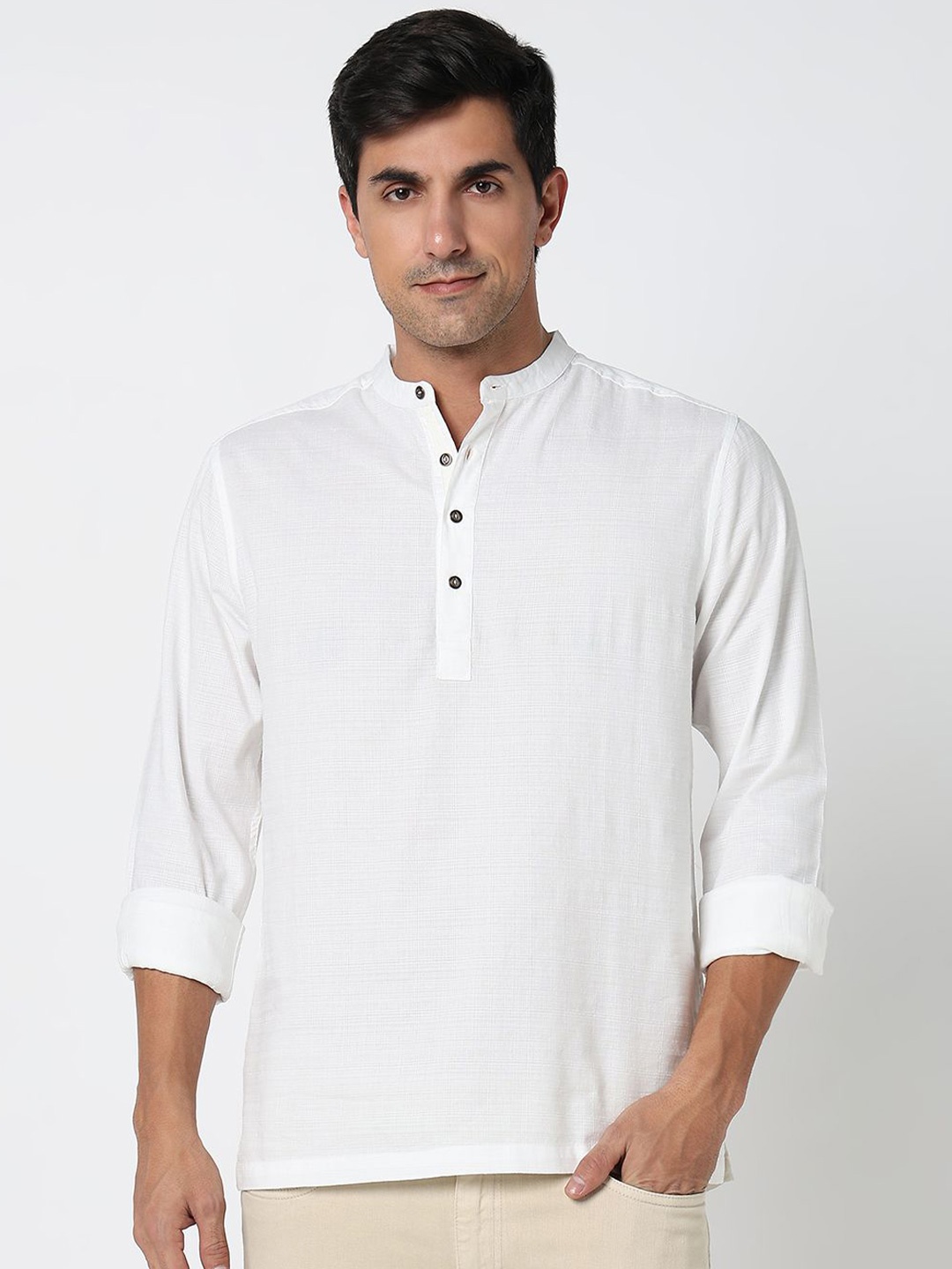 

R&B Men Mandarin Collar Solid Cotton Casual Shirt, White