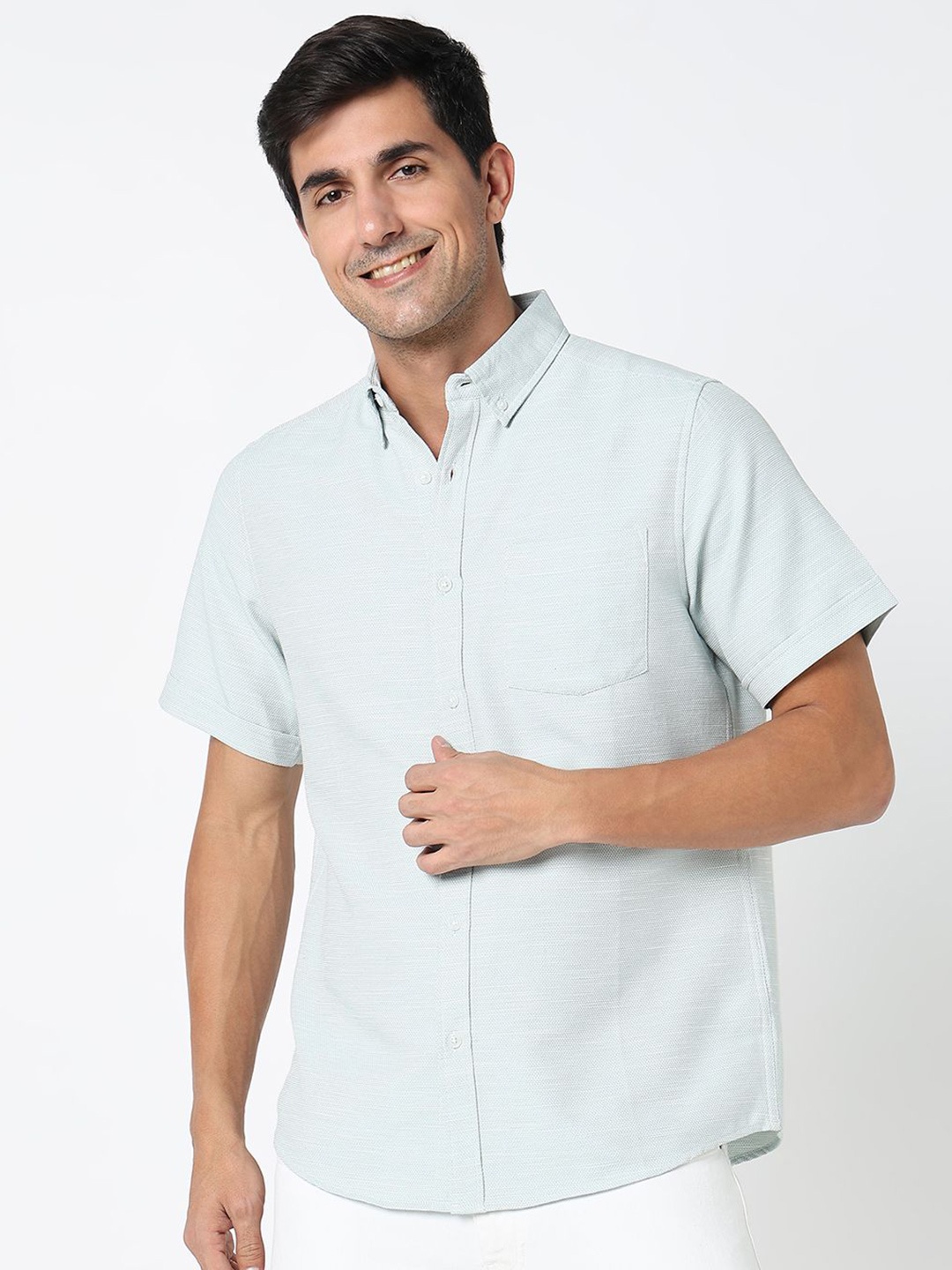 

R&B Men Button-Down Collar Textured Casual Shirt, Green