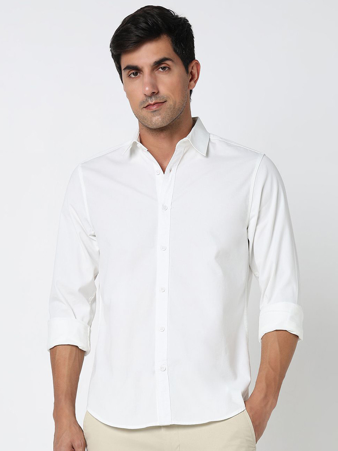 

R&B Men Spread Collar Solid Cotton Casual Shirt, White