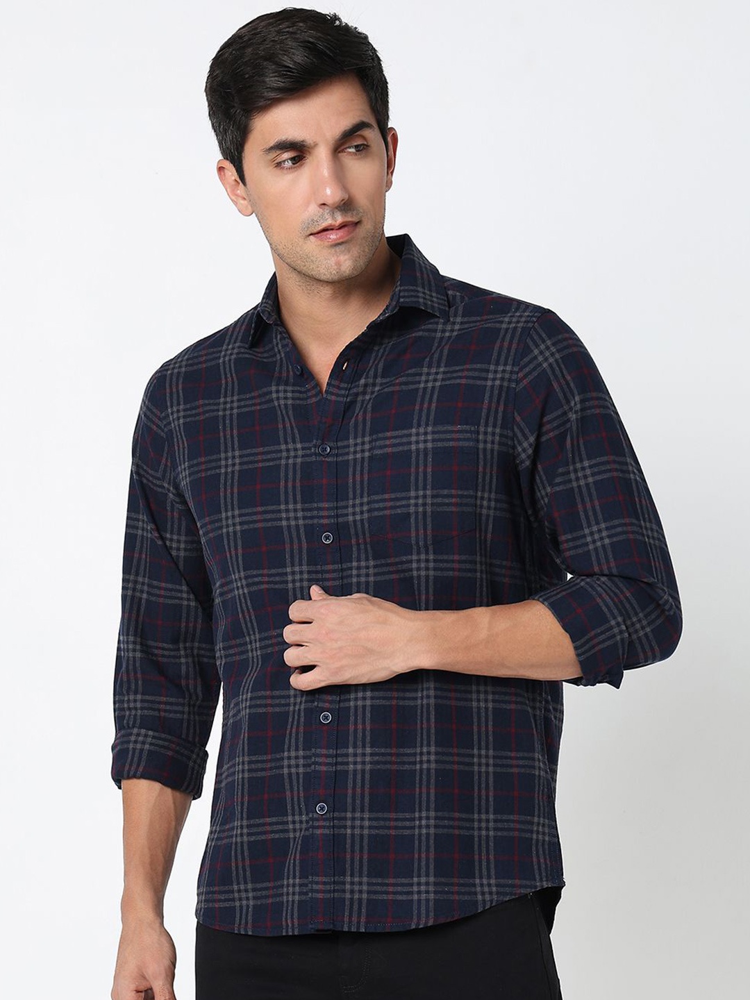 

R&B Men Spread Collar Tartan Checked Casual Shirt, Navy blue