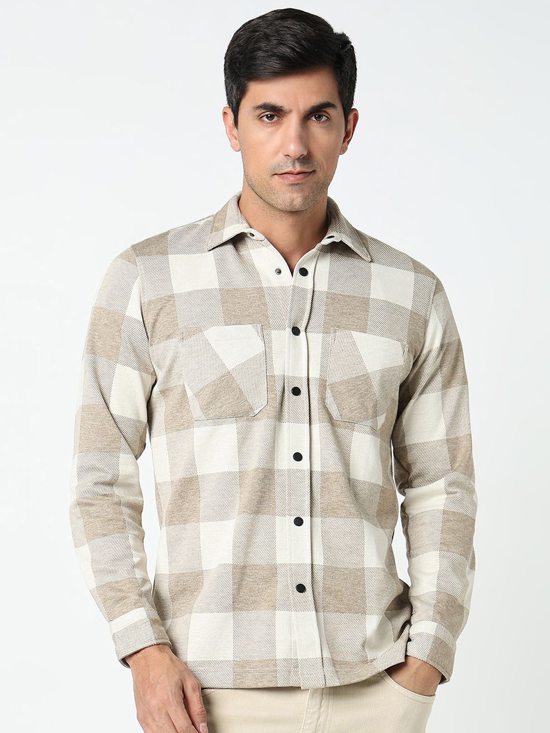 

R&B Men Checked Spread Collar Casual Shirt, Beige