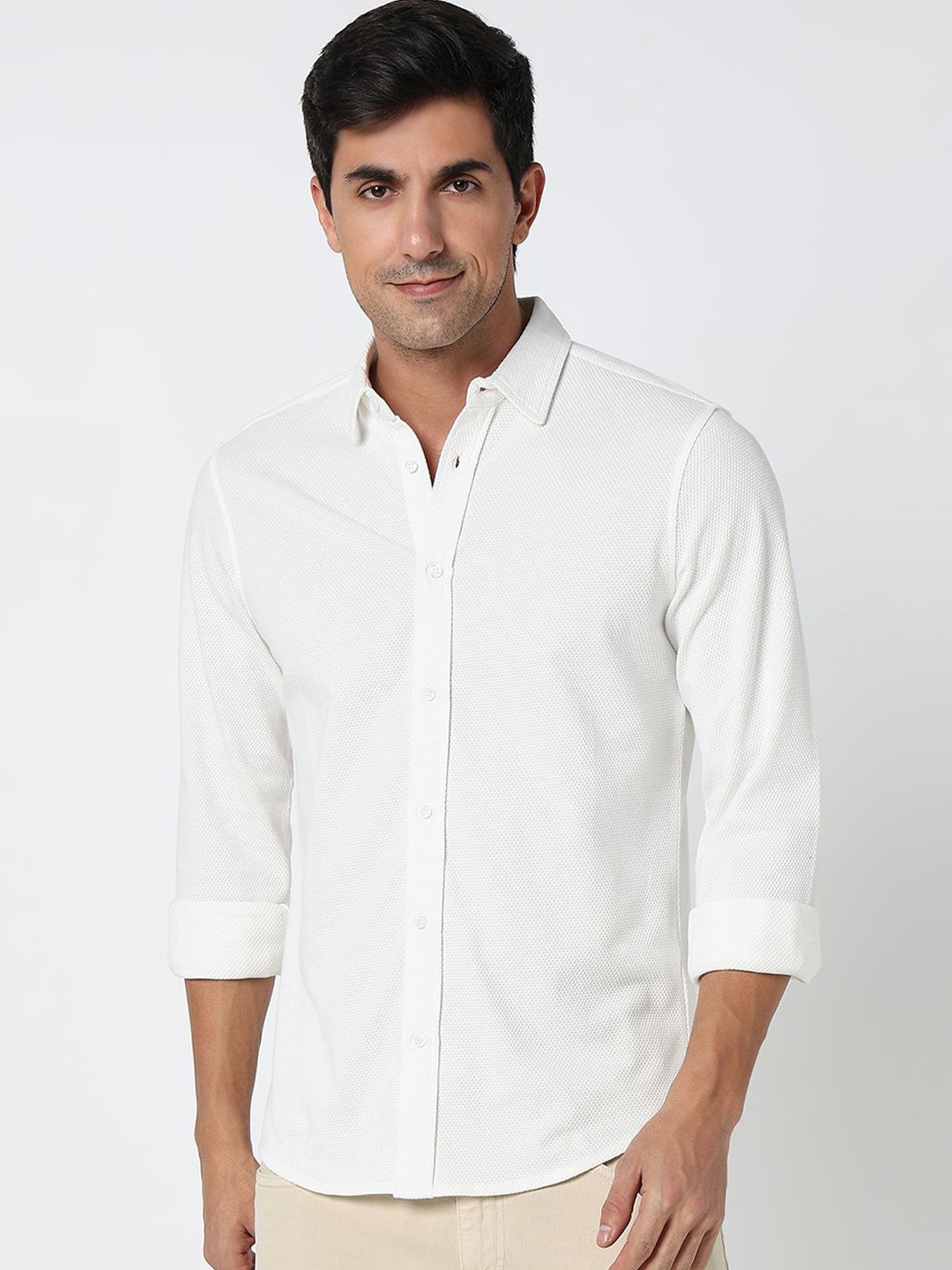 

R&B Men Spread Collar Textured Cotton Casual Shirt, White