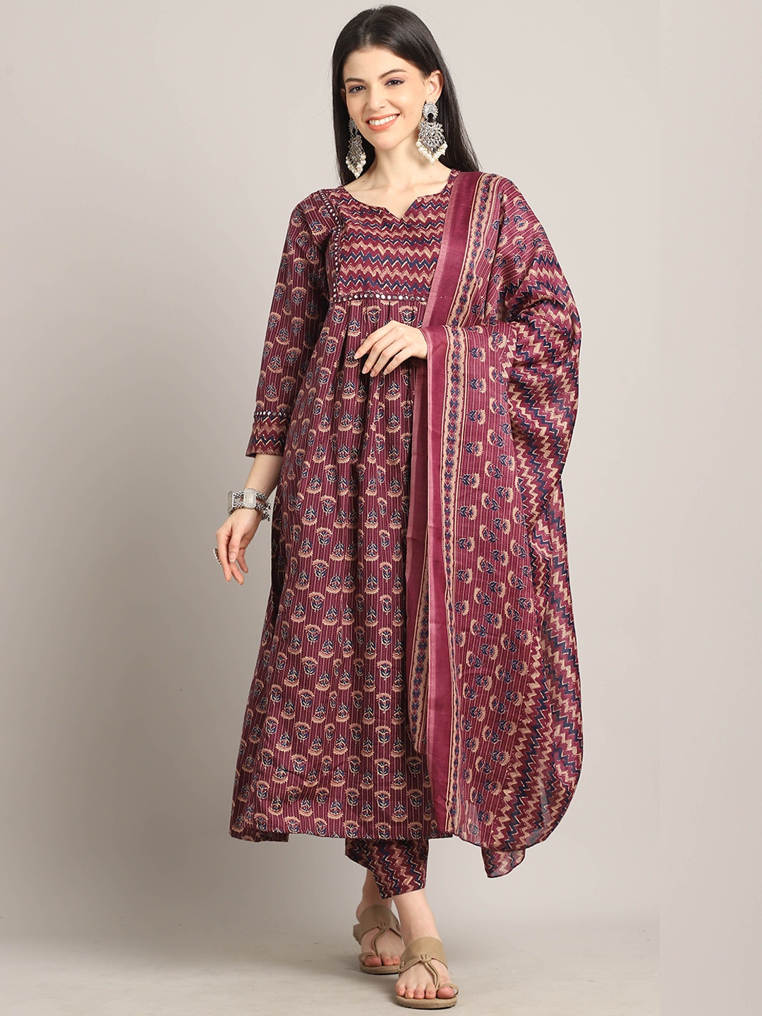 

Rajnandini Floral Printed Regular Mirror Work A-Line Kurta With Trouser With Dupatta, Maroon