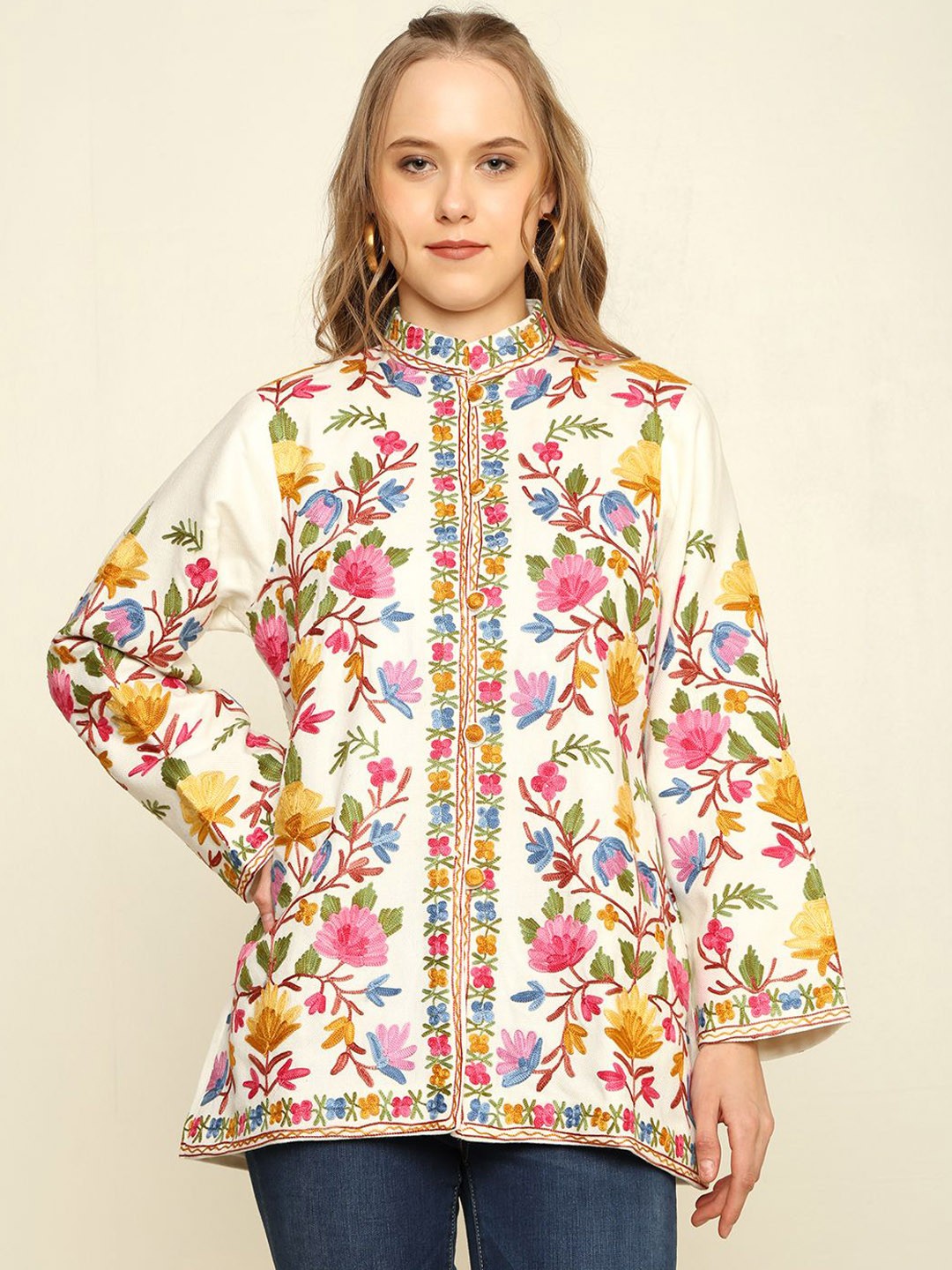 

CRAFTBAZAR Women Mandarin Collar Floral Embroidered Casual Tailored Jacket, Off white