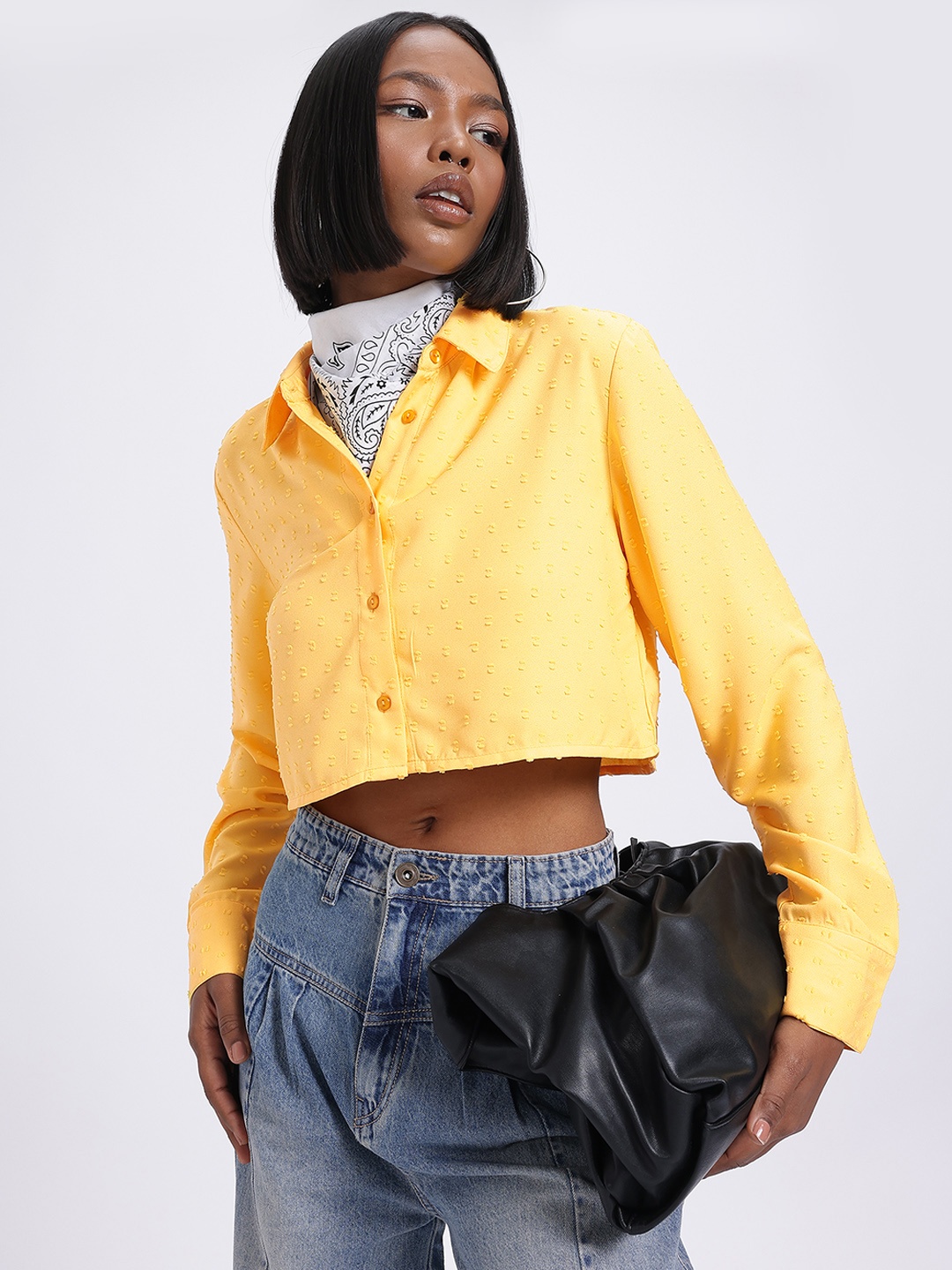 

glitchez Sweet Serenity Dobby Weave Cropped Shirt, Yellow