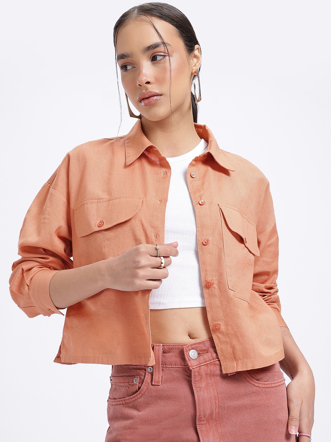 

glitchez Functional Fashion Chest Pockets Relaxed Shirt, Rust