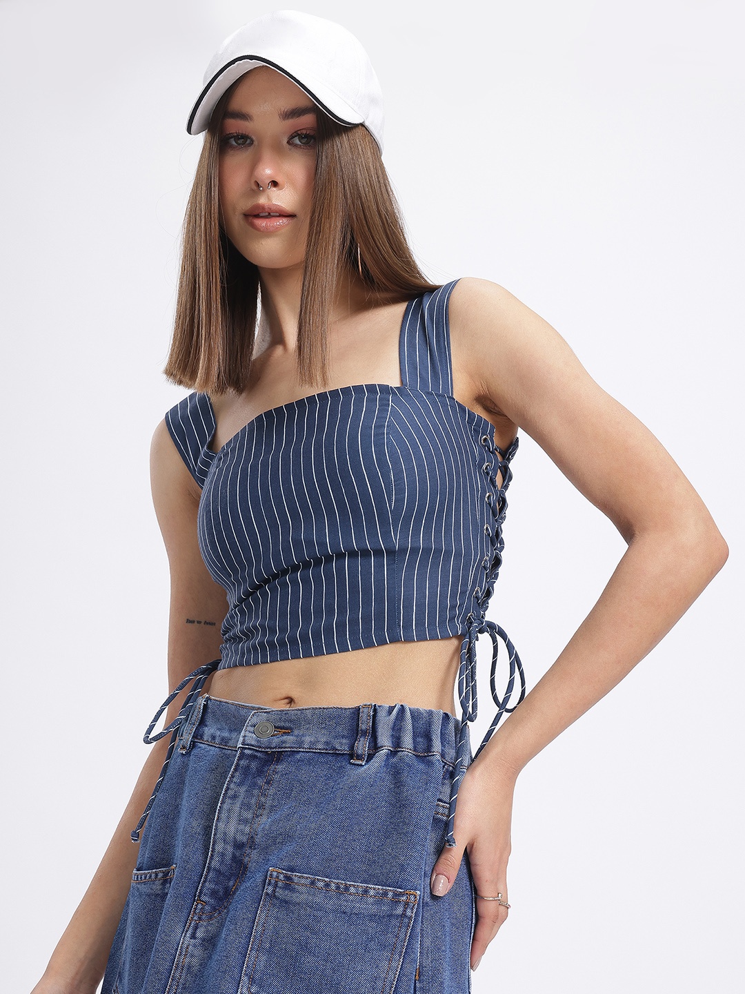 

glitchez Tie & Thrill Striped Slim Fit Crop Top, Navy blue