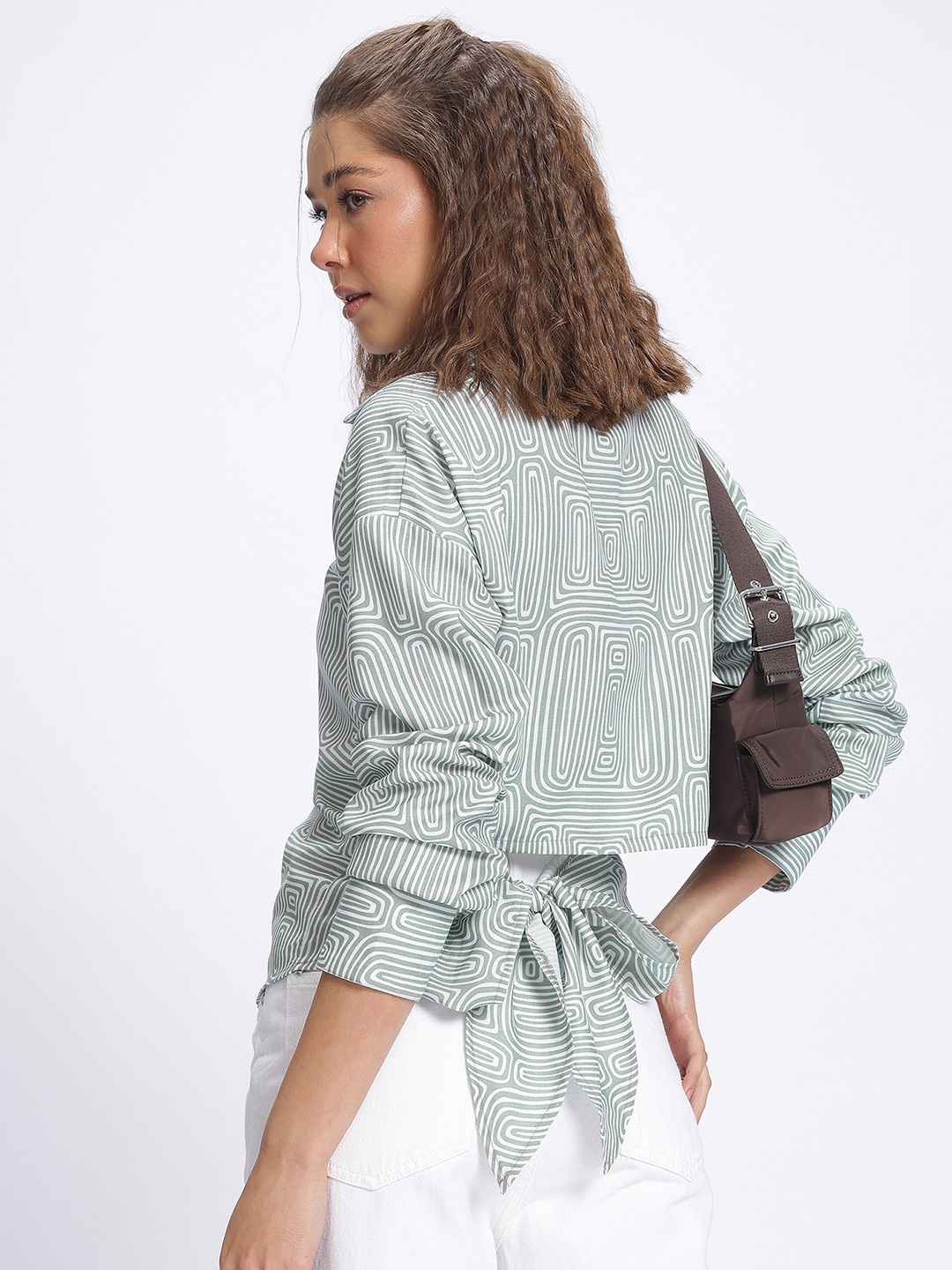 

glitchez Elegant Affair Printed Back Tie-Up High-Low Shirt, Green