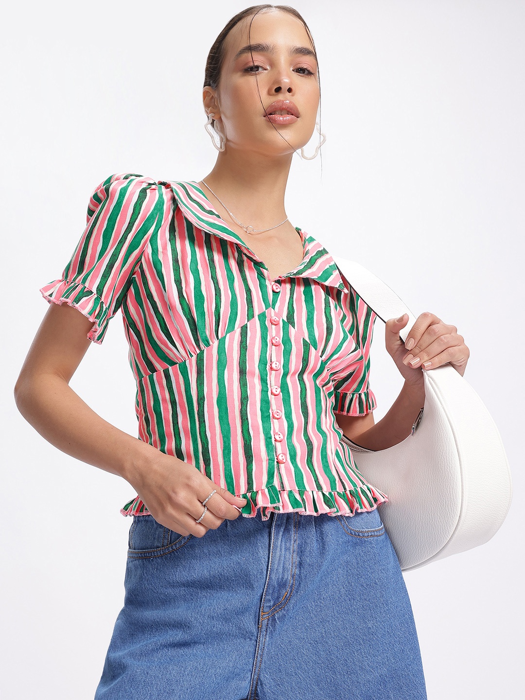 

glitchez Chill Stripes Gathered Detail Puff Sleeves Shirt Style Top with Ruffles, Pink