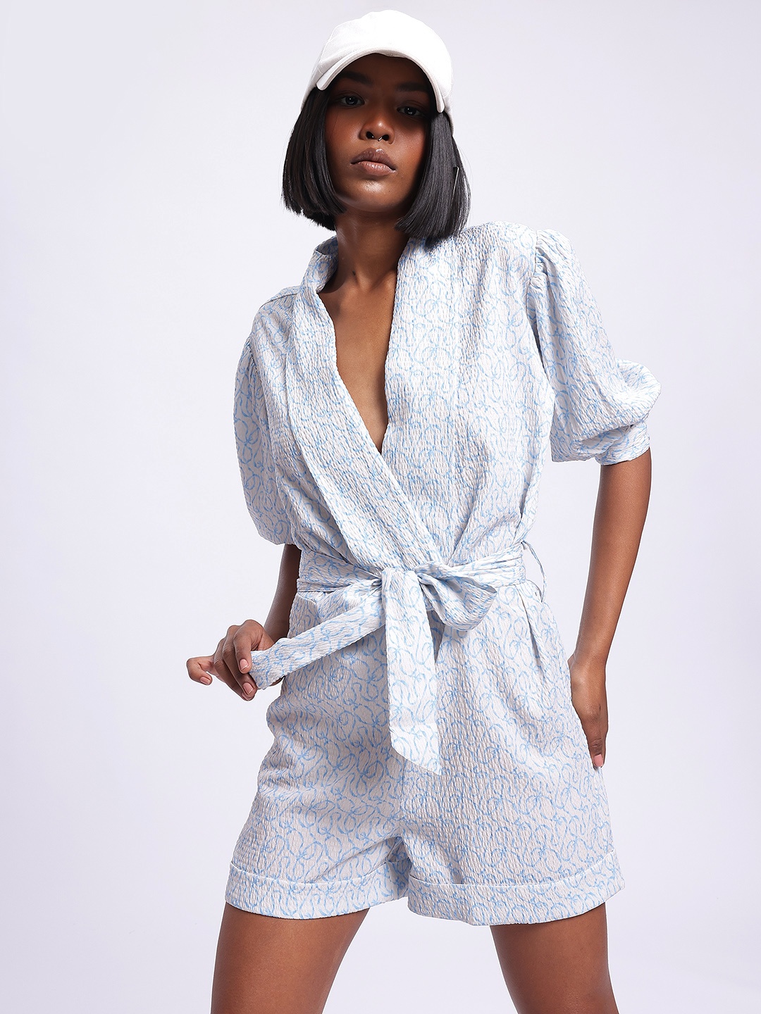 

glitchez Belted Bow Seersucker Printed Playsuit, White