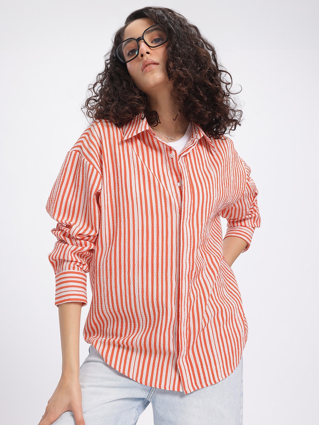 

glitchez Smart Stripes Seersucker Drop-Shoulder Sleeves Relaxed Fit Shirt, White