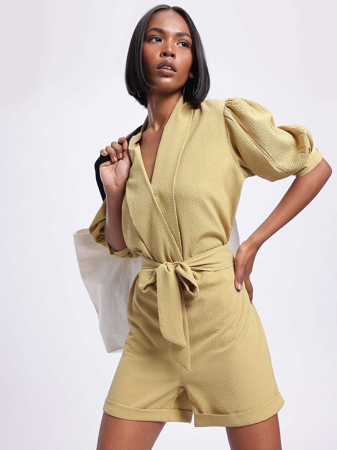 

glitchez Belted Bow Seersucker Playsuit, Mustard