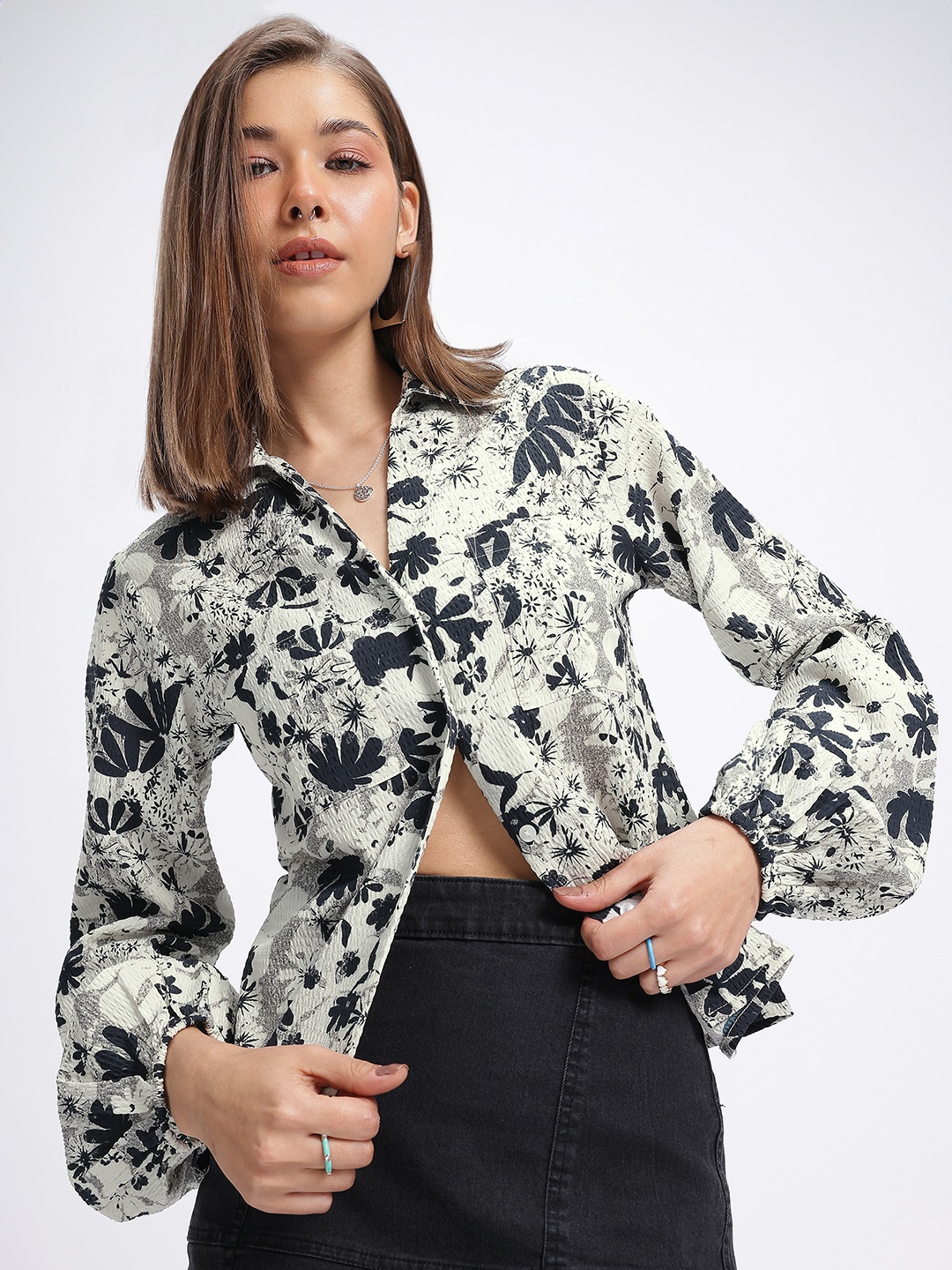 

glitchez Sleeve Cloud Floral Print Seersucker Shirt, Grey
