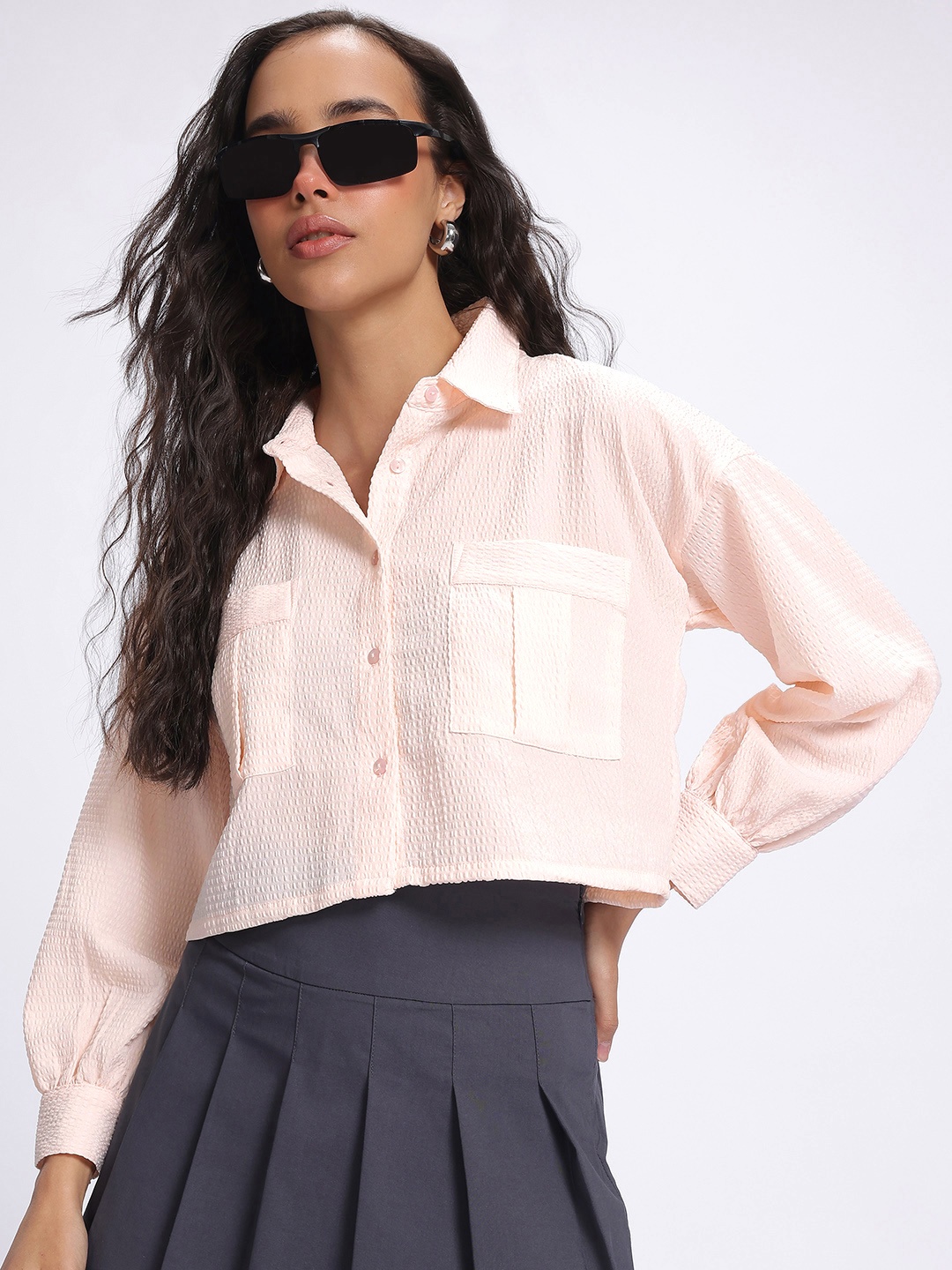 

glitchez Pastel Paradise Seersucker Relaxed Fit Cropped Shirt, Pink