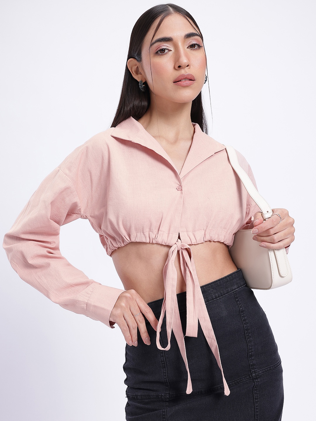 

glitchez Lapel Collar Tie-Up Cropped Top, Rose