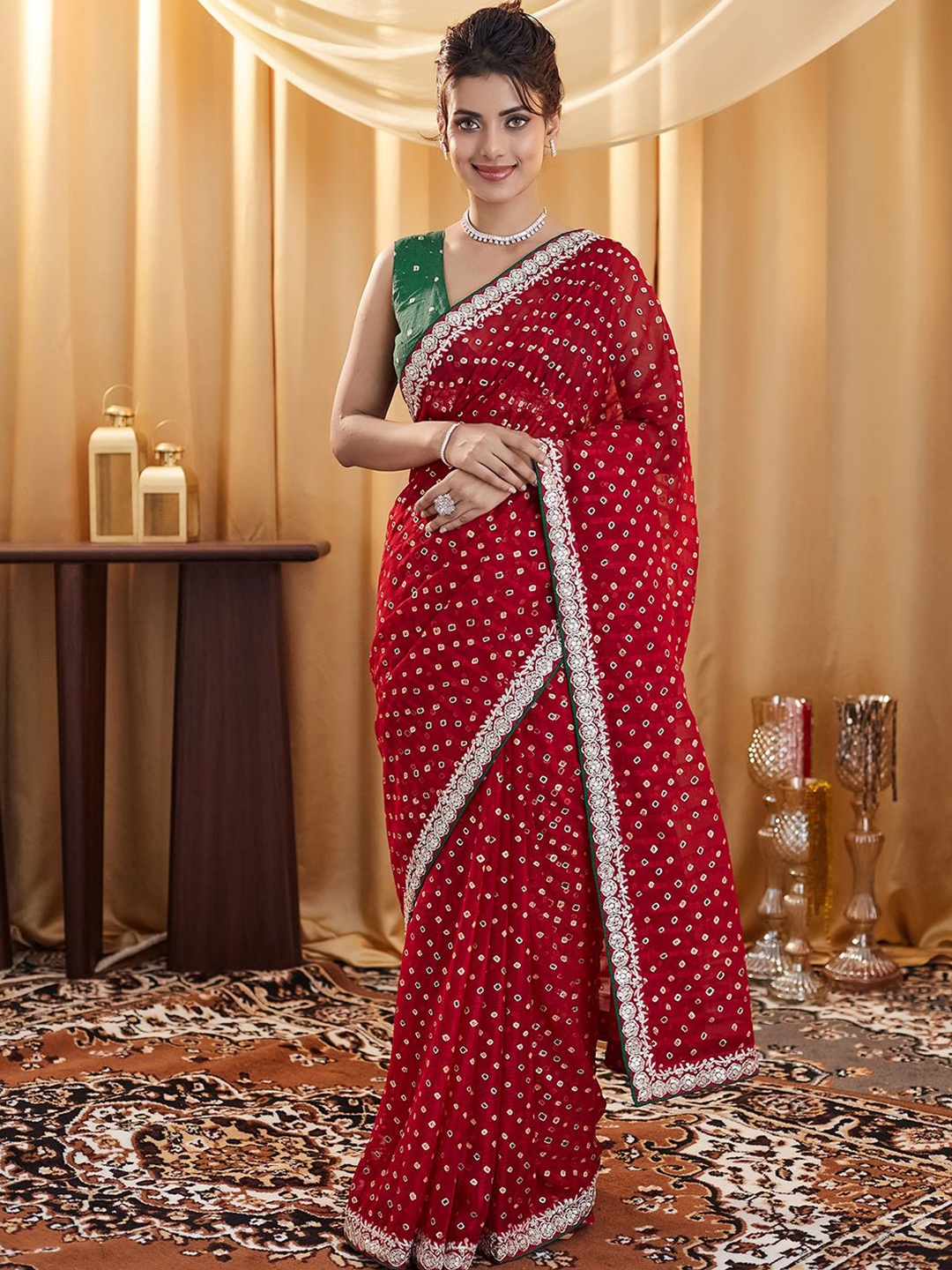 

Satrani Printed Sequinned Pure Georgette Bandhani Saree, Red