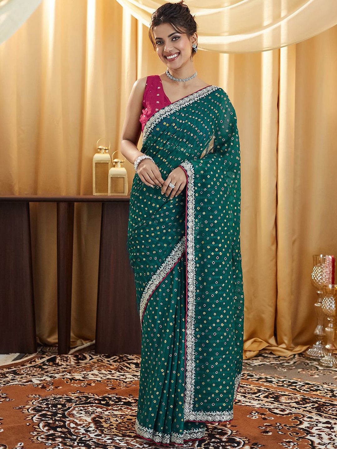 

Satrani Sequinned Pure Georgette Bandhani Saree, Green