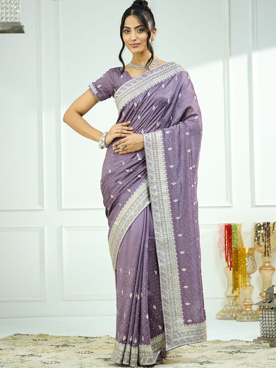 

Satrani Ethnic Motifs Embroidered Beads and Stones Saree, Lavender