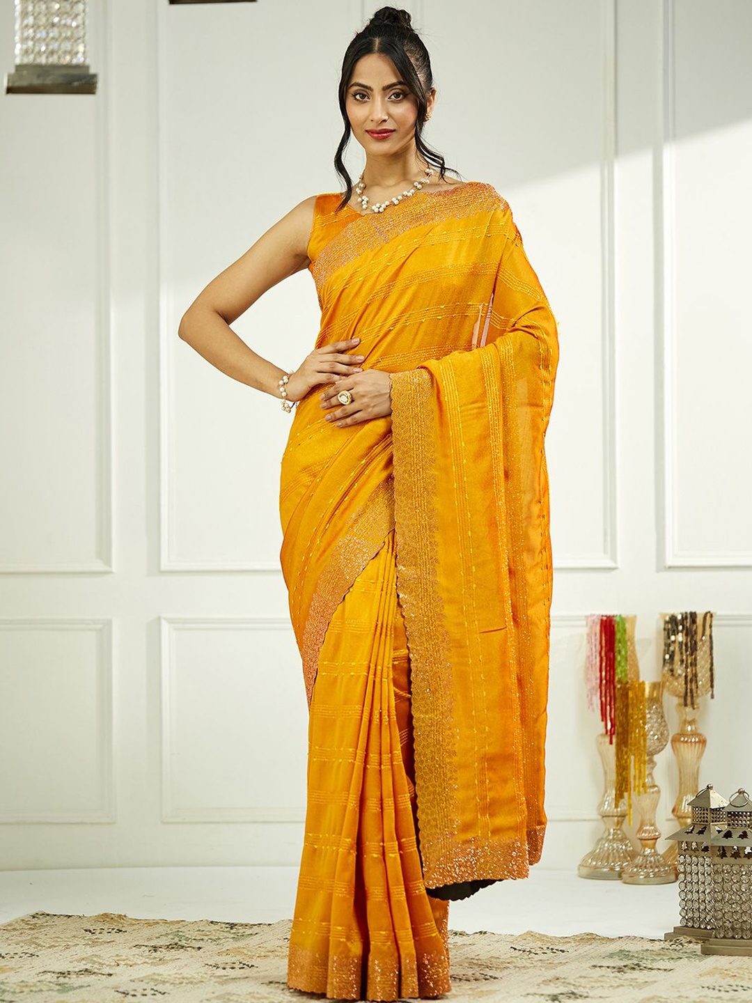 

Satrani Embellished Beads and Stones Saree, Yellow