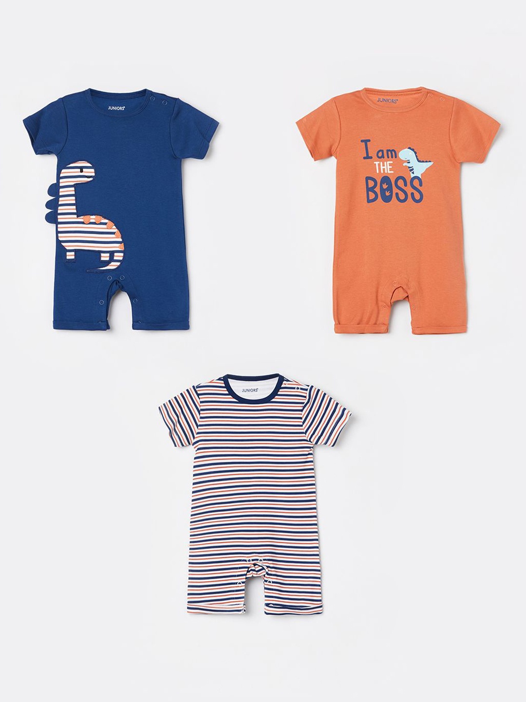 

Juniors by Lifestyle Boys Pack Of 3 Printed Pure Cotton Rompers, Navy blue