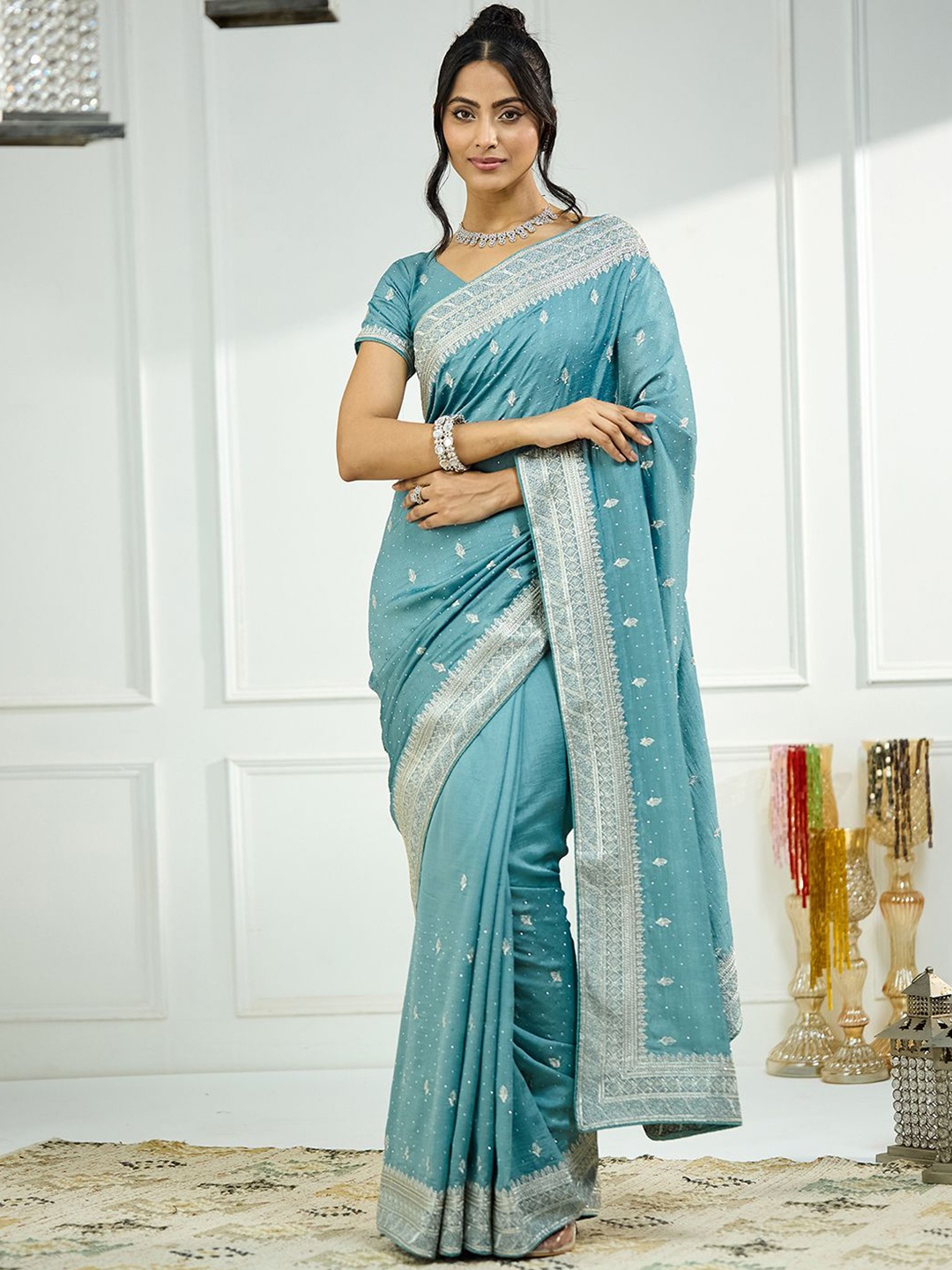 

Satrani Embellished Beads and Stones Silk Blend Saree, Blue