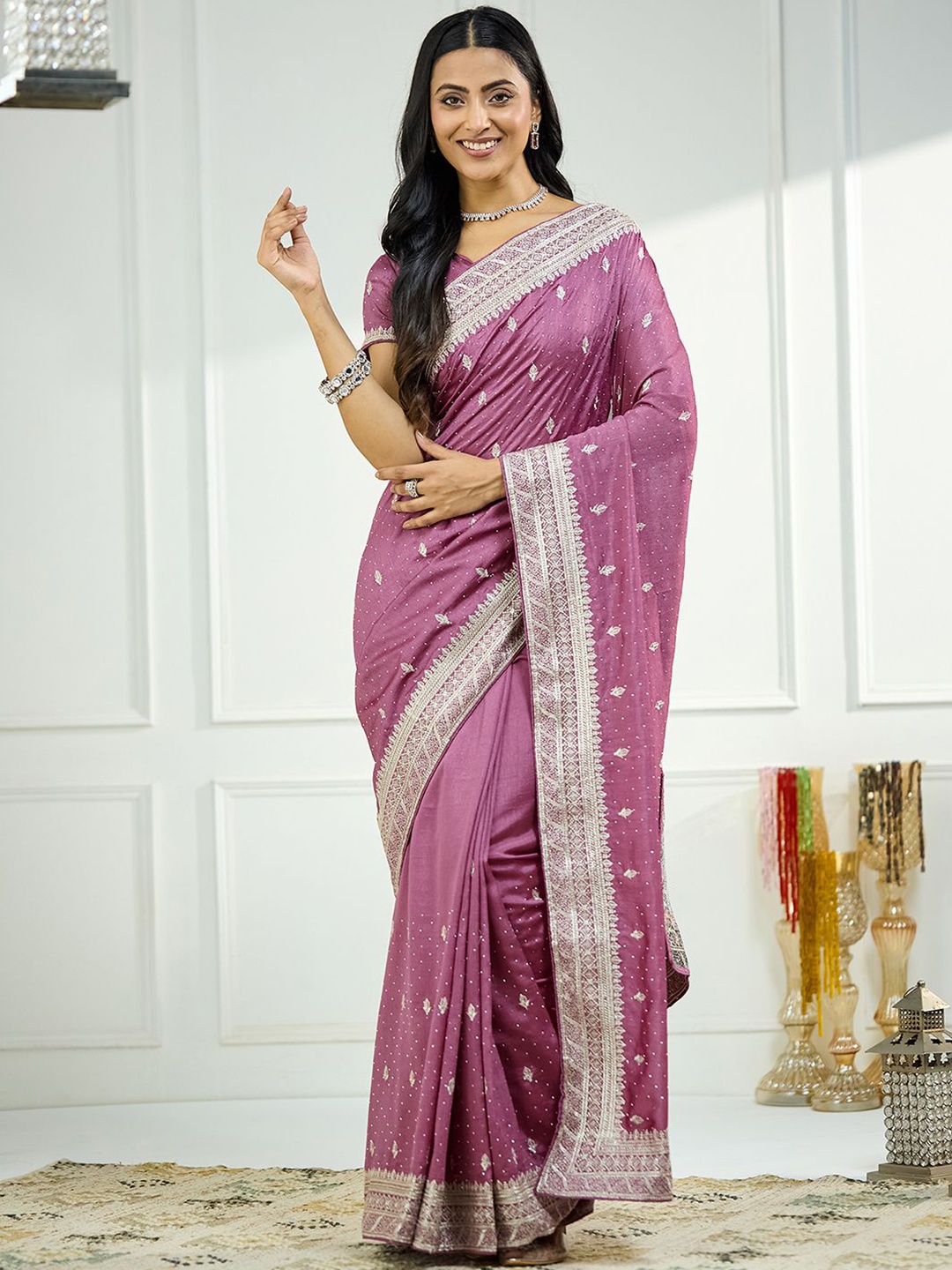 

Satrani Embellished Beads and Stones Saree, Pink