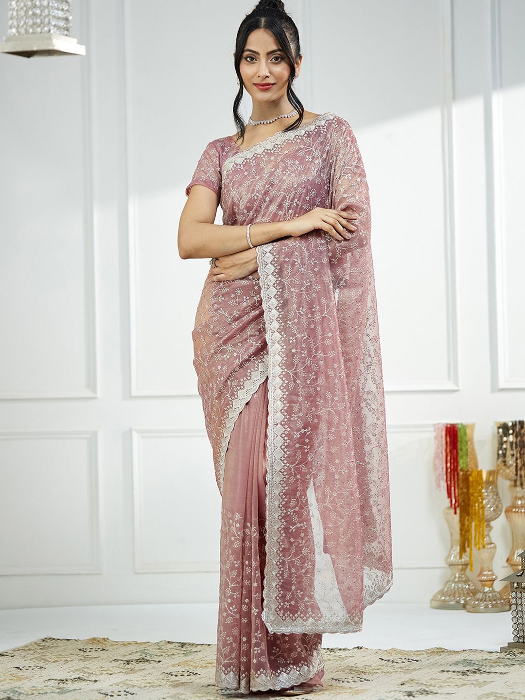 

Satrani Woven Design Beads and Stones Net Saree, Mauve