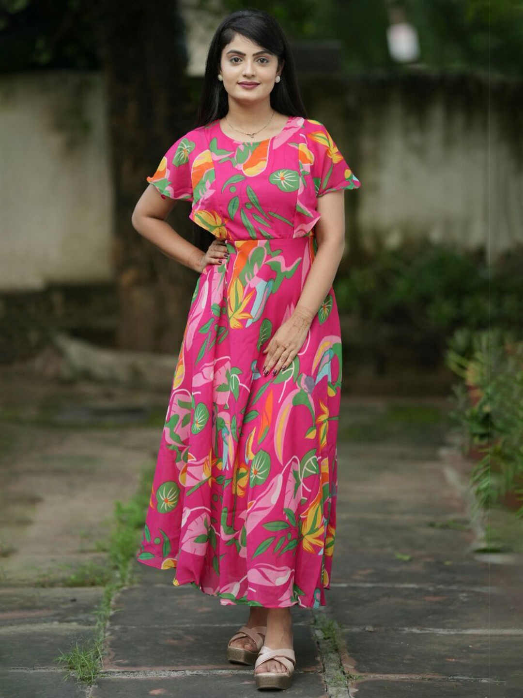 

BAESD Women Floral Print Flared Sleeve Dress, Pink