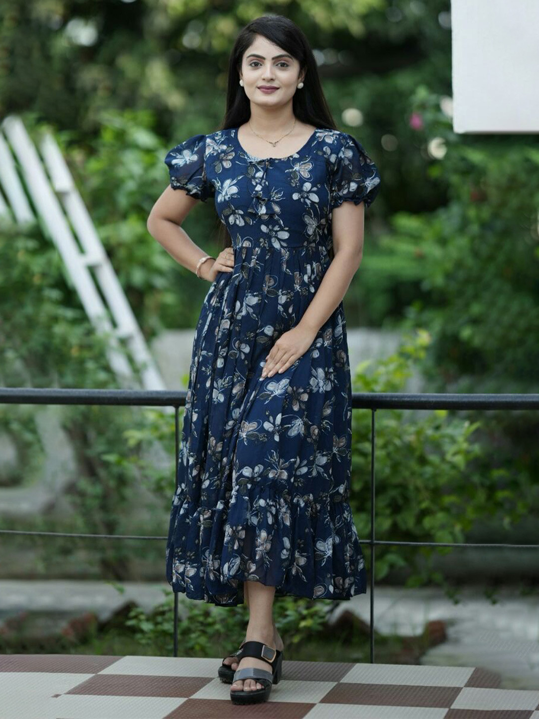 

BAESD Women Floral Printed Puff Sleeve Maxi Dress, Teal