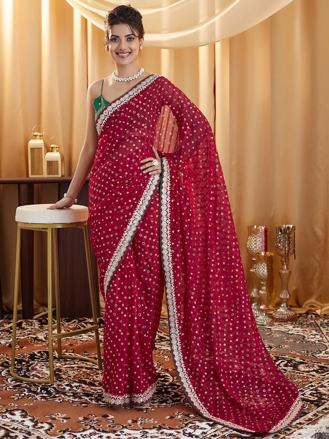 

Satrani Beads and Stones Pure Georgette Bandhani Saree, Maroon