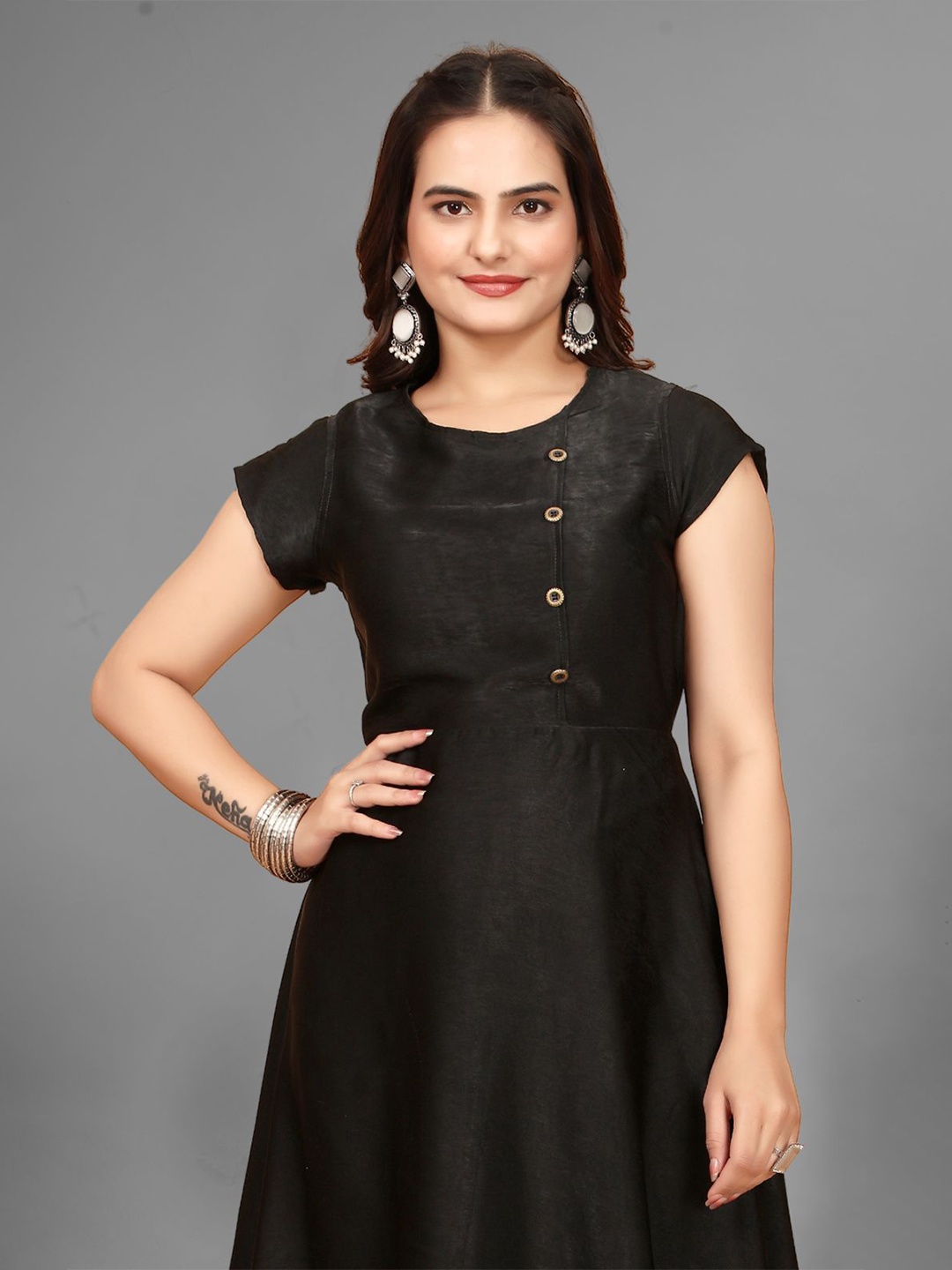 

BAESD Women Round Neck Cotton A-Line Midi Dress, Black