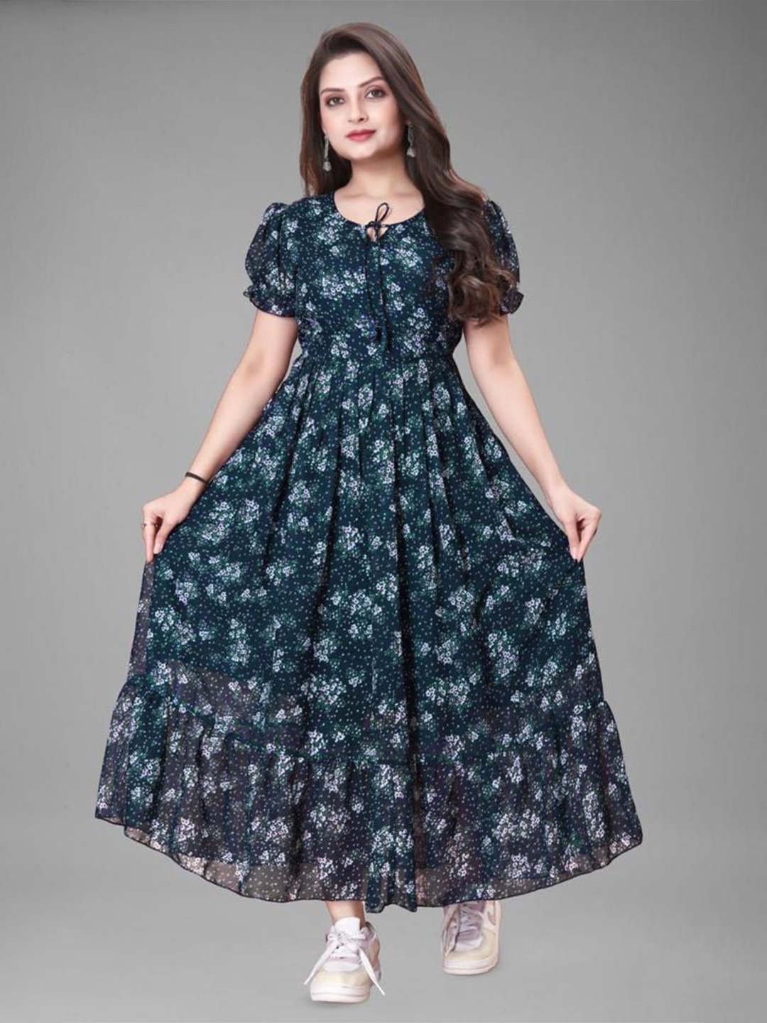 

BAESD Women Floral Print Keyhole Neck Puff Sleeve Georgette Maxi Dress, Teal