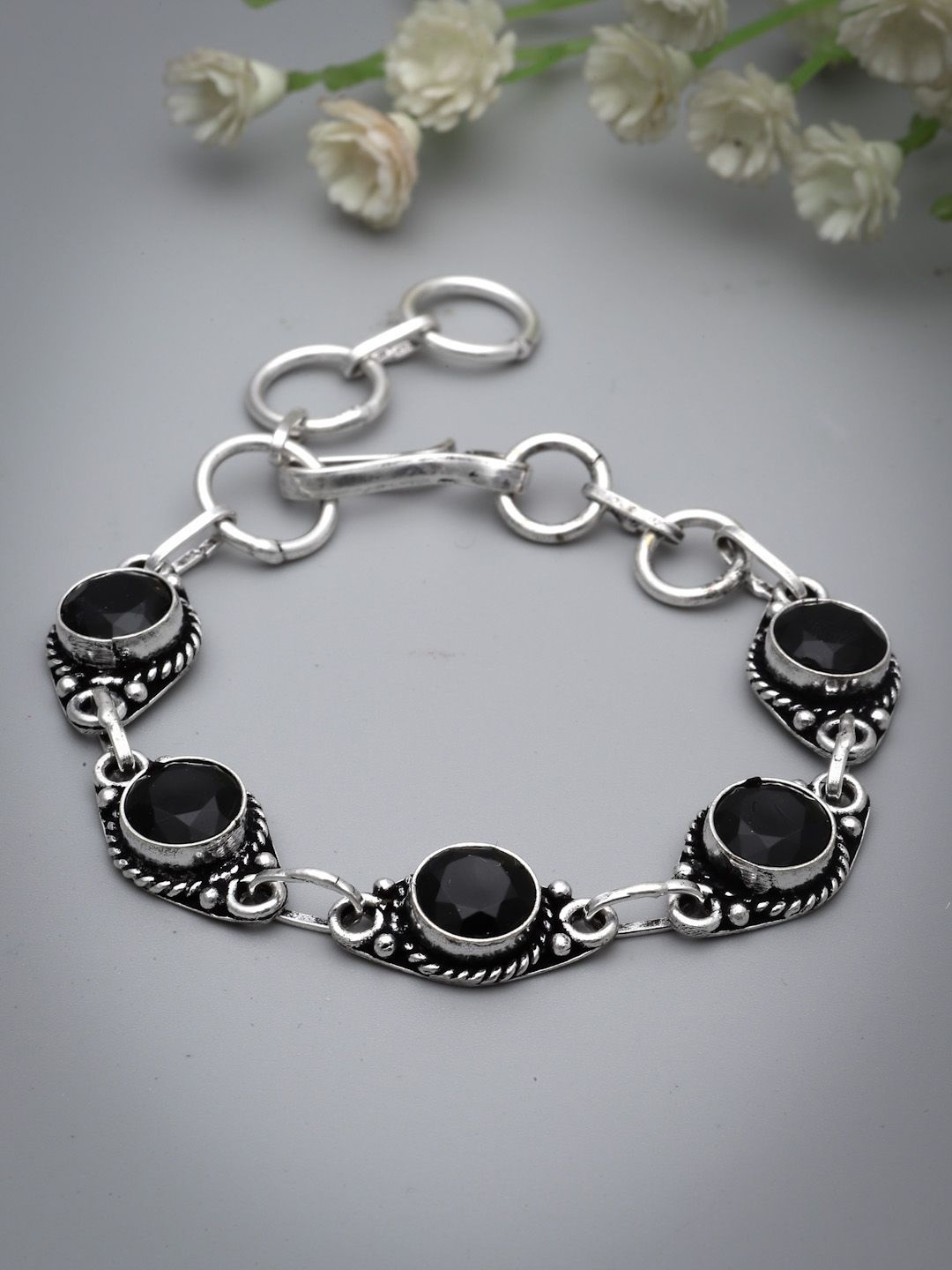 

Sanjog German Silver-Plated Stone Studded Oxidised Wraparound Bracelet