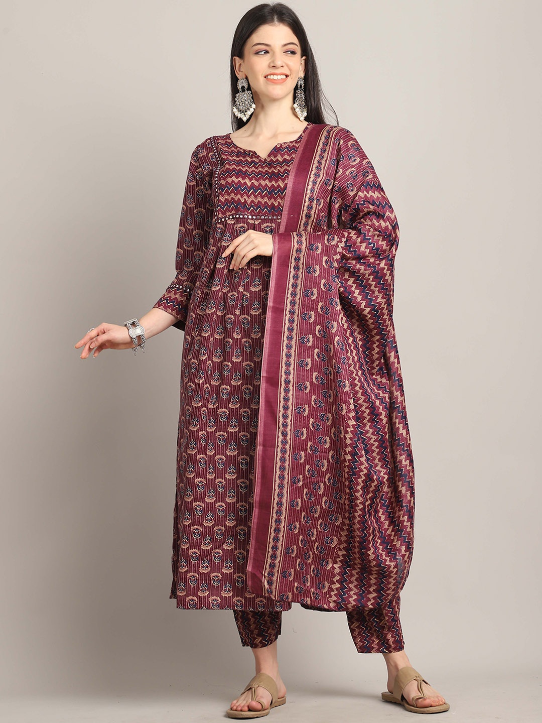 

Roly Poly Floral Printed Mirror Work A-Line Cotton Blend Kurta With Trousers & Dupatta, Maroon