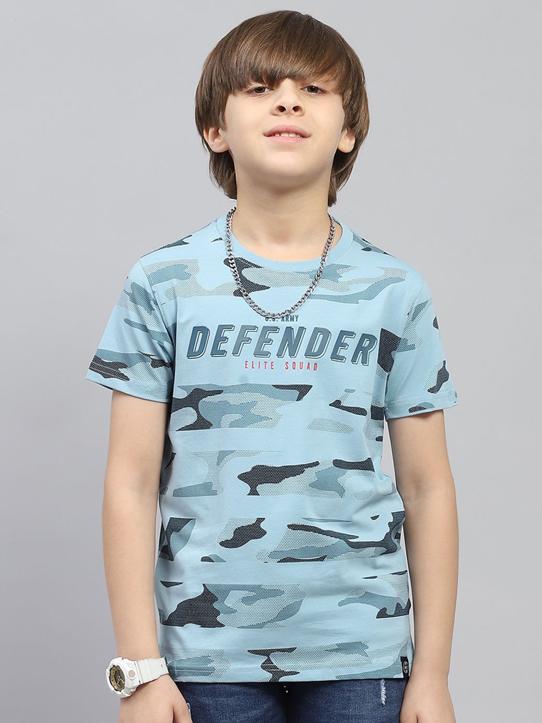 

Monte Carlo Boys Camouflage Printed Round Neck Cotton T-shirt, Turquoise blue