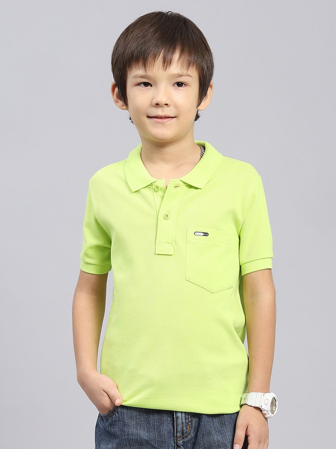 

Monte Carlo Boys Solid Polo Collar Cotton T-shirt, Lime green